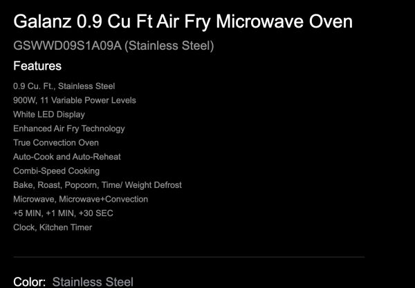 GSWWD09S1A09A by Galanz - Galanz 0.9 Cu Ft Air Fry Microwave Oven in  Stainless Steel